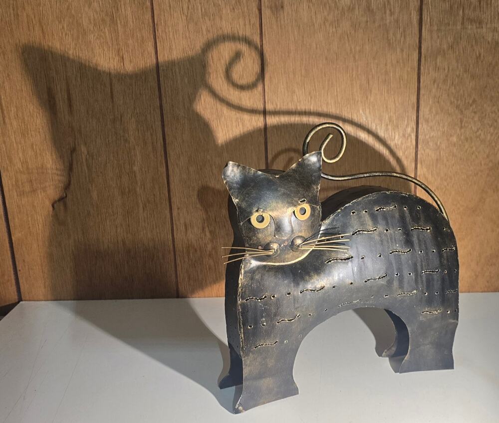 Metal Cat Candle Holder Lantern Black Gold Pierced Folk Art Indonesia 11"